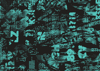 Glitch distorted grungy abstract forms . Cyber punk  pattern texture. Halftone dots .Futuristic background . Glitched shapes with dots and lines .Screen print  pattern texture