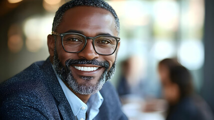 Fototapeta premium Smiling middle-aged man with glasses in a blazer.