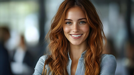 Fototapeta premium Smiling red-haired woman in a business setting.