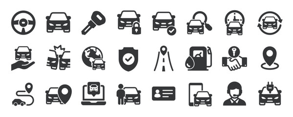 Car rent glyph solid icons collection. Containing content taxi, dealer, automobile, dealer. Minimal icon and symbol series vector illustration