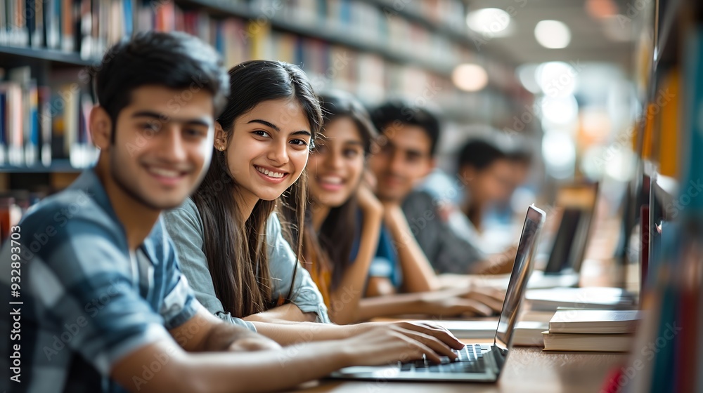 Aufkleber Students group and happy in library for education learning and reading test results or news on computer Young college people on laptop for solution research or studying with support he : Generative AI