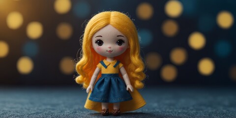 Adorable felt doll in yellow dress on blue background.