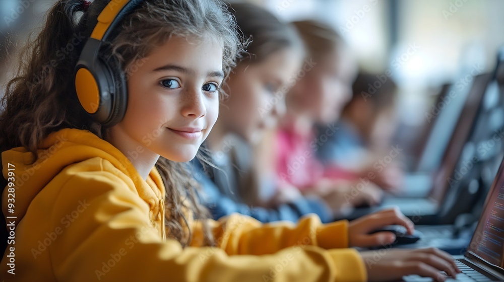 Aufkleber Group of TechSavvy Primary School Children Working on Their Laptop and Tablet Computers in Class Young Female Teacher Educating Kids on Internet Safety Basic Programming Languages and  : Generative AI