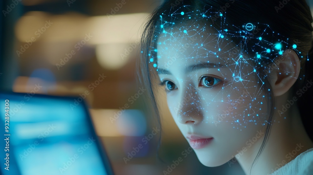 Poster Education technology and AI Artificial Intelligence concept Women use laptops Learn lessons and online webinars successfully in modern digital learning  Courses to develop new skills : Generative AI