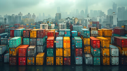 Fototapeta premium Colorful Shipping Containers Stacked High in a City Harbor Illustration