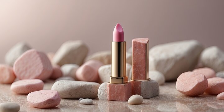 Pink pastel lipstick surrounded by mineral stones on a light pastel background makeup and beauty products in candy pastel colors.