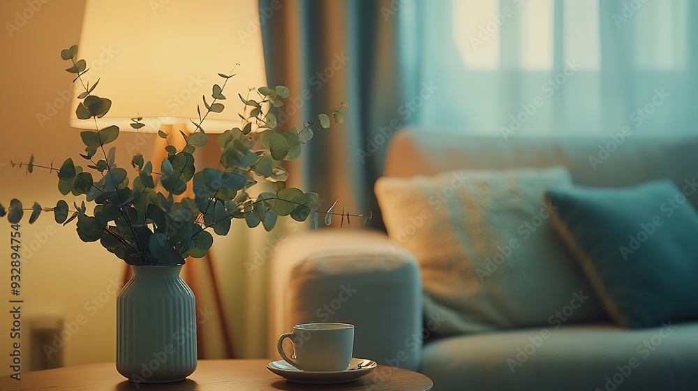 Poster vertical shot of soft modular couch floor standing lamp side table green eucalyptus in vase and coff