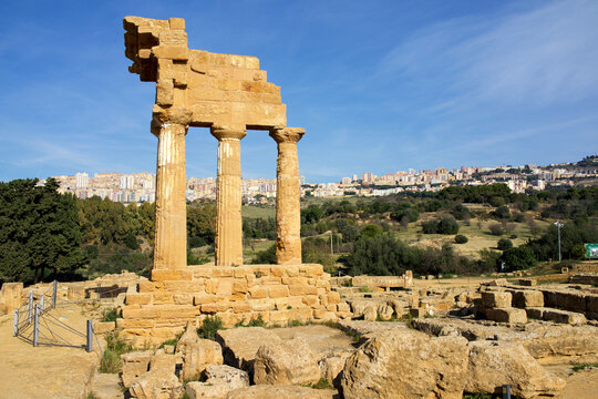 Italy, Sicily, city of Agrigento. Temple ruins of the old city and view of the new one.