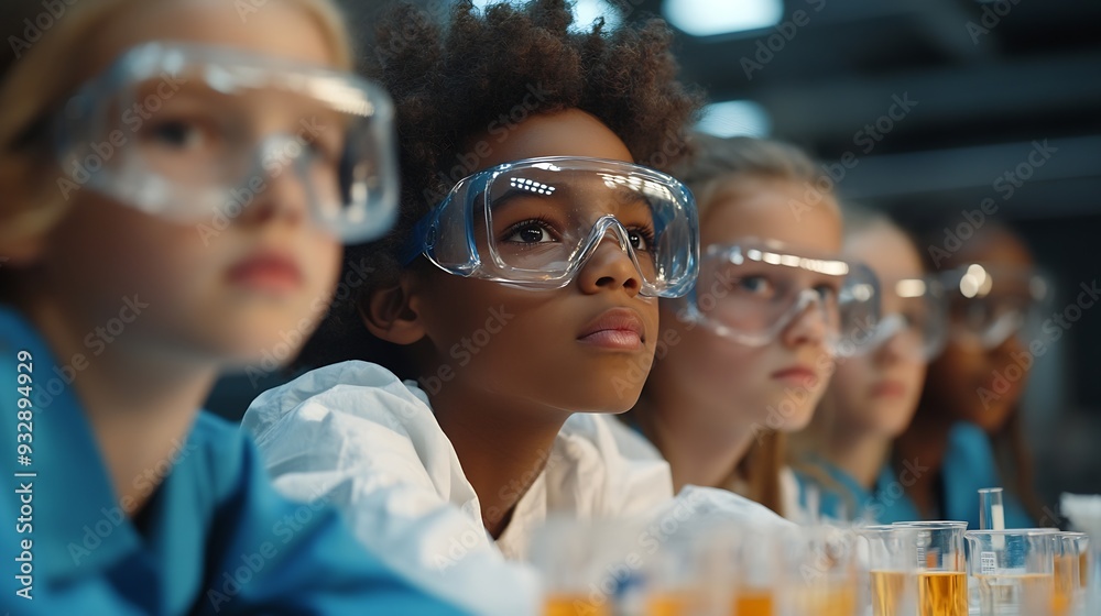 Poster elementary school students sitting behind a table in a group conducting a biology experiment for a s