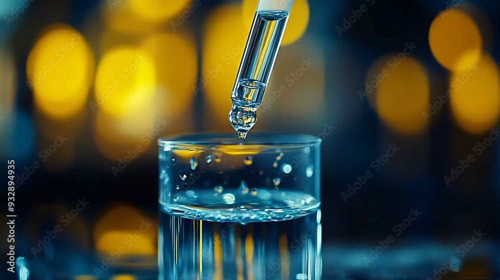 Aufkleber Dripping liquid from pipette into test tube on blurred background closeup : Generative AI
