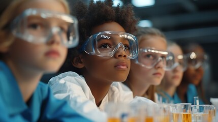 Elementary School Students Sitting Behind a Table in a Group Conducting a Biology Experiment for a Science and Technology Fair Young Boys and Girls Wearing Protective Clothes and Goggl : Generative AI