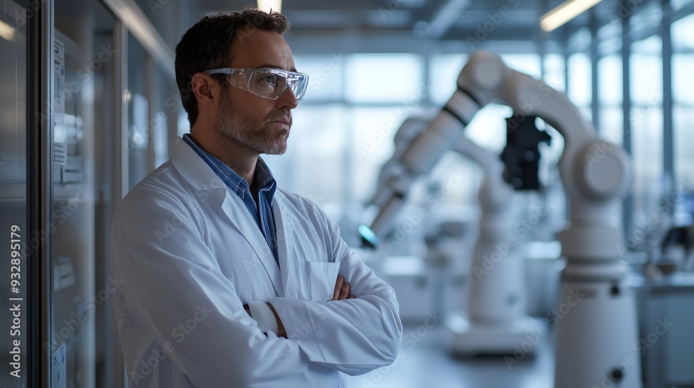 Poster Thoughtful scientist standing near robotic arms in front of window at laboratory : Generative AI