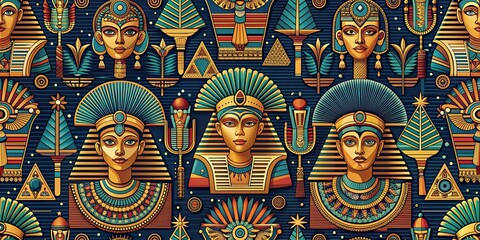 Obraz premium Seamless fabric pattern featuring Egyptian-inspired motifs in a modern pop culture style, Egyptian, seamless, fabric