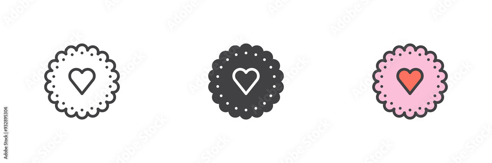 Aufkleber cookie with heart different style icon set