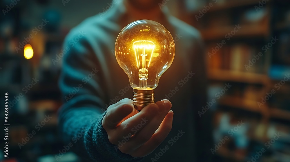 Poster online education course or elearning technology conceptman holding light bulb on virtual screen trai