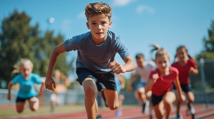 Teenagers on physical education training with a coach Sporty kids exercising and jumping over hurdles on the training field Sport school training for elementary age class : Generative AI