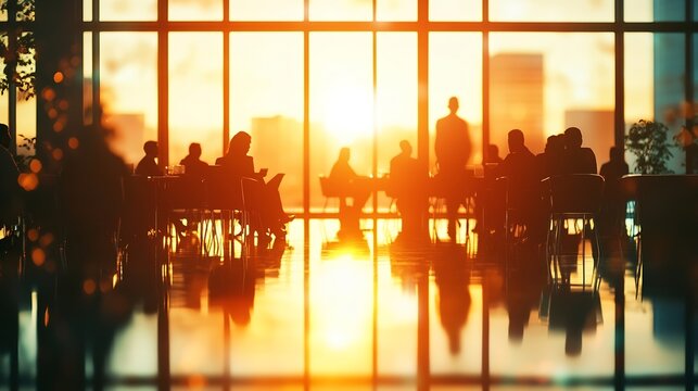 Abstract blur silhouette Many person business discuss in the lounge in warm light flare business people having a meeting agency problem conflict of interest corporate governance manage : Generative AI