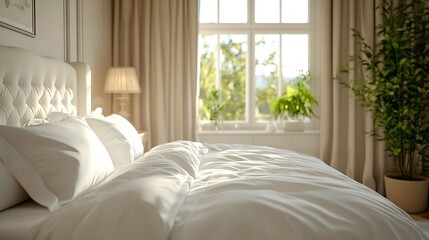 A comfortable double bed near the bedside tables in front of the window in a bright room  European  style bedroom interior : Generative AI