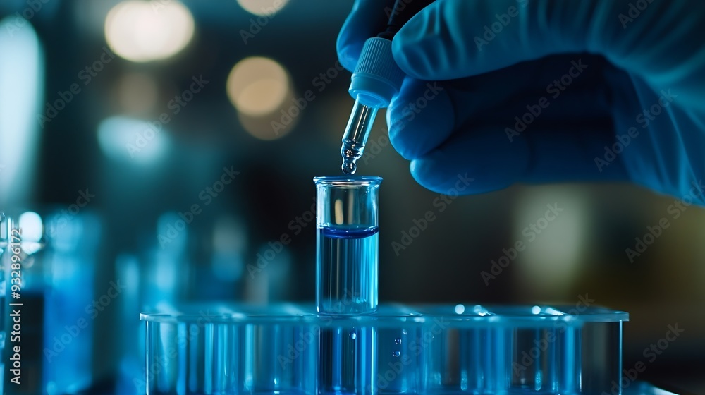 Leinwandbilder closeup hands dropping fluid from dropper flask beaker into blue test tube sample laboratory for com