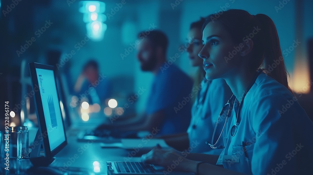 Poster Doctor nurse and teamwork in meeting with computer presentation and idea for solution in medical residency Healthcare people student and group leadership with online research for clini : Generative AI