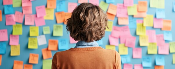 A person contemplating colorful sticky notes on a wall, showcasing creativity and organization in a brainstorming environment.