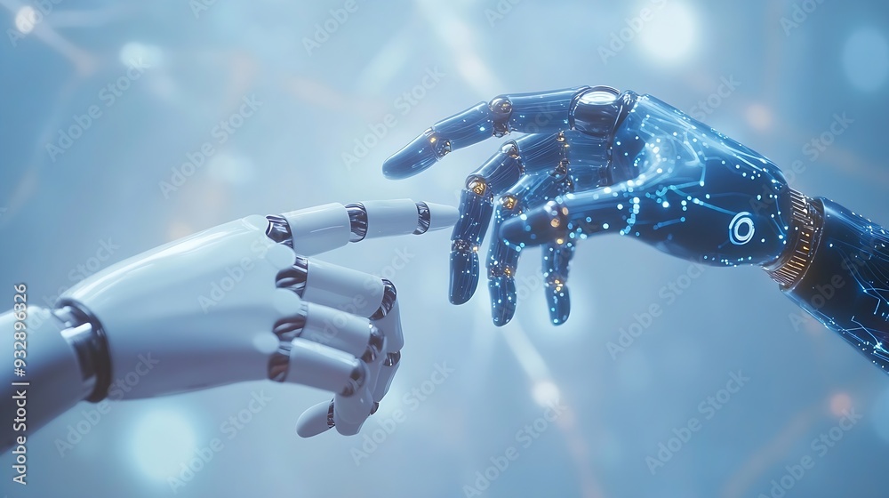 Fototapete AI Machine learning Hands of robot and human touching on big data network connection background Science and artificial intelligence technology innovation and futuristic : Generative AI