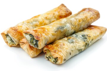 Isolated Turkish borek and Greek pie with various fillings on white background Traditional pastries