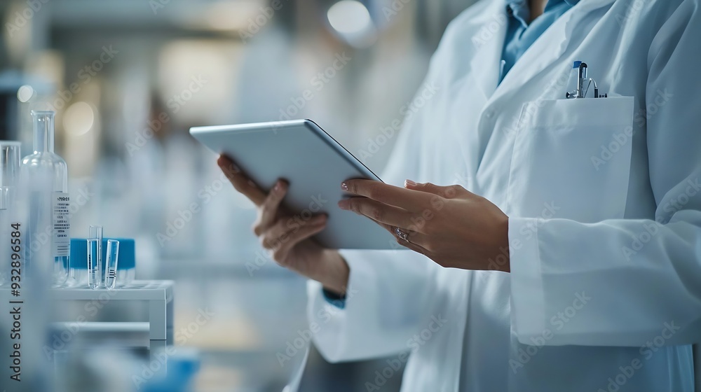 Poster science teamwork and scientist with tablet in laboratory for communication pharmaceutical review or 