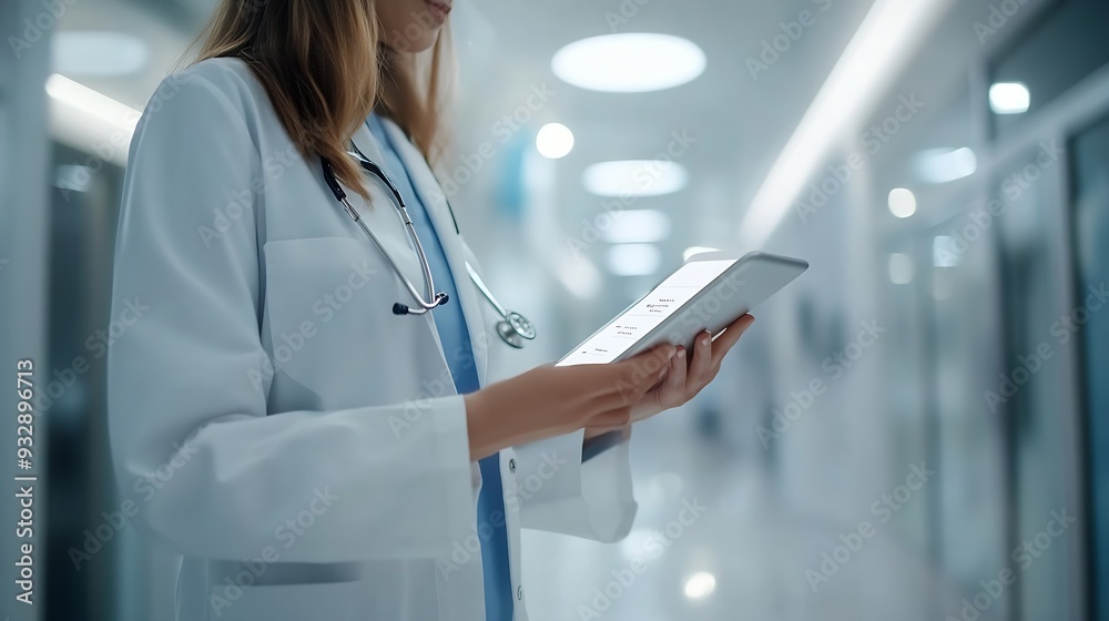 Poster Women doctors and explain on tablet in hospital for patient information appointment and schedule Database medical and healthcare practitioner with technology for telehealth service and : Generative AI