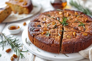 Italian vegan chestnut cake made with olive oil pine nuts rosemary and raisins served on a white wood table in Tuscany