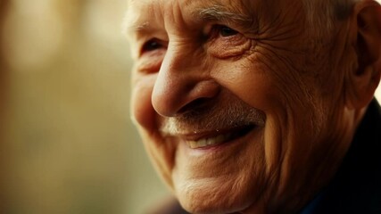 Elderly man with white hair and a mustache looks away, smiling subtly. His content expression reflects wisdom and experience, embodying graceful aging
