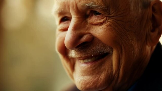 Elderly man with white hair and a mustache looks away, smiling subtly. His content expression reflects wisdom and experience, embodying graceful aging