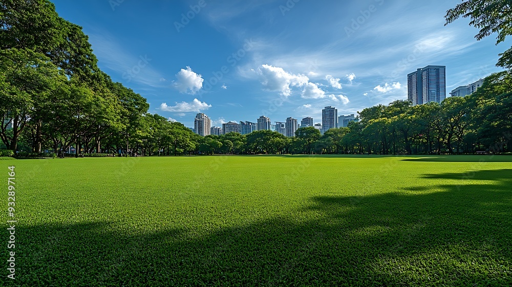 Poster scenic view of the park with green grass field in city and a cloudy blue sky background beautiful gr