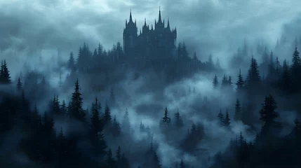 Mysterious Castle in Foggy Forest - Fantasy Landscape