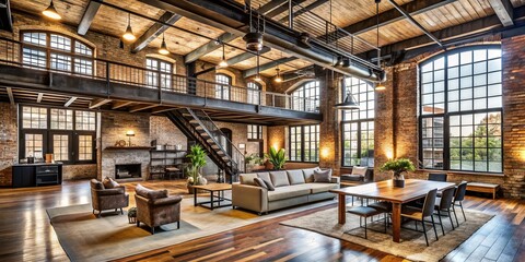 Fototapeta premium Industrial Warehouse Conversion: This urban gem boasts edgy vibes from reclaimed wood, steel beams, and exposed brick walls, perfect for those who crave a rugged, unbridled space.