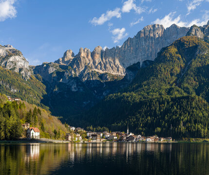 Alleghe at Lago di Alleghe under the peak of Civetta, an icon of the dolomites in the Veneto, Italy. Civetta is part of the UNESCO World Heritage Site.