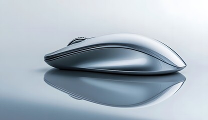 A sleek, silver computer mouse with a glossy finish on a reflective surface, 