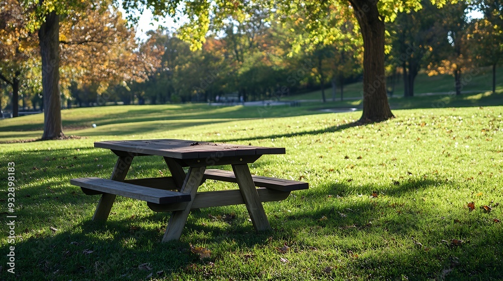 Poster park picnic table bench rest relax outdoors benches and tables on green grass in recreational area :
