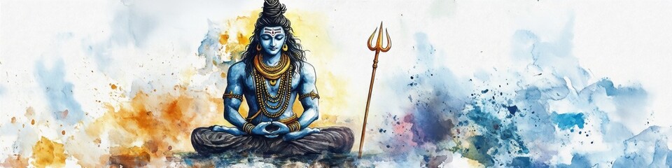 Abstract Watercolor Lord Shiva Meditating with Trident: AI-Generated Illustration for Cultural Marketing. Minimalist Spiritual Design with Elegant Gradients. Versatile Graphic for Indian Mythology UI,