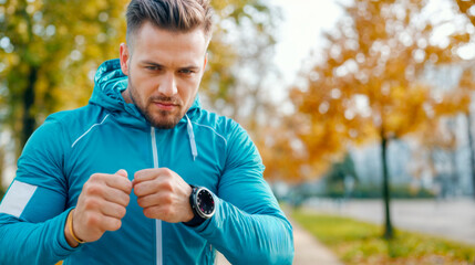 A focused man prepares to run, surrounded by autumn foliage and a serene park atmosphere