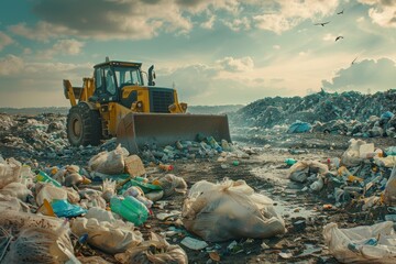 Landfill with various waste Construction waste recycling Trash collection and disposal Bulldozer clearing landfill Trash disposal site Dozer on dump