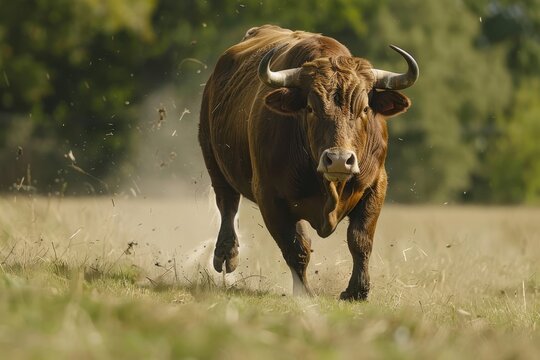 Large bull running in the pasture