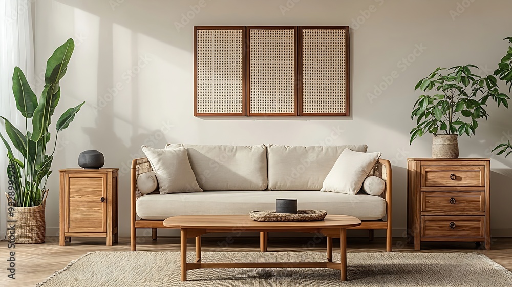 Poster light living room with folding screen comfortable sofa coffee table and chest of drawers : generativ