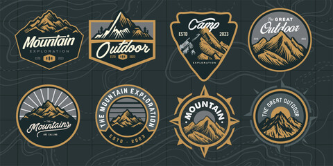 mountain adventure hipster logos. Set of Vintage Outdoor mountains Summer Camp badges or Patches. vector emblem designs. Great for shirts, stamps, stickers logos and labels.