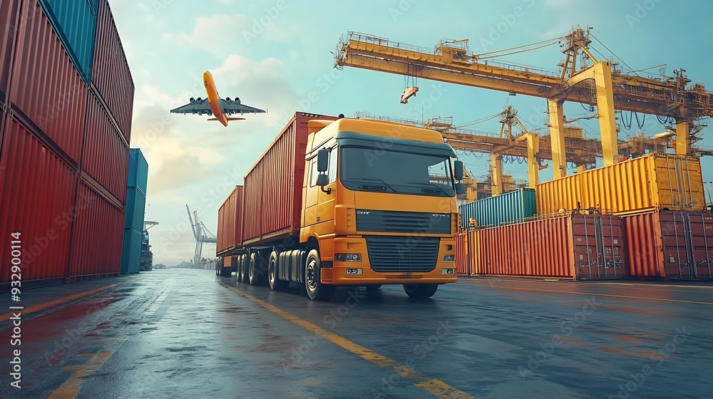 Poster Container truck in ship port for business Logistics and transportation of Container Cargo ship and Cargo plane with working crane bridge in shipyard logistic import export and transpor : Generative AI