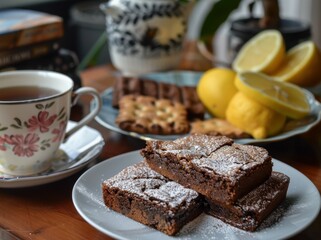 Lemon Medellin chocolate brownies butter cookies and hot tea