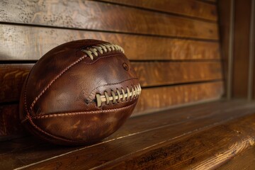 Leather football on bench in locker room with text space