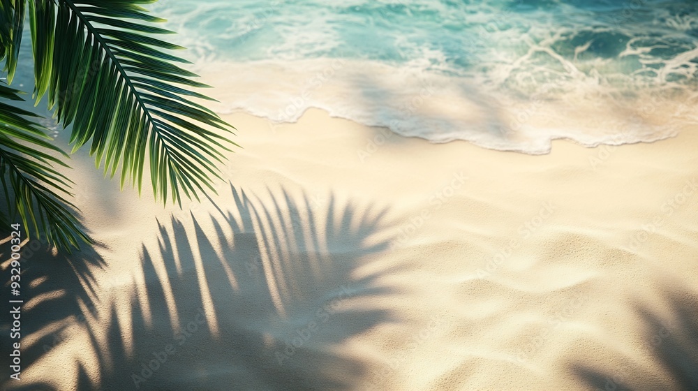 Poster empty abstract sand beach with palm leaf shadow and transparent water wave from above blank background banner for travel vacation and wellbeing with copy space : Generative AI