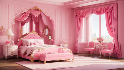 This is a bedroom with pink walls, a bed, a desk, and two arched windows with a city view.

