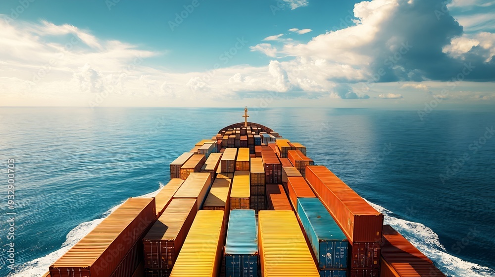 Poster view on the containers loaded on deck of the large cargo ship she is sailing through calm blue ocean